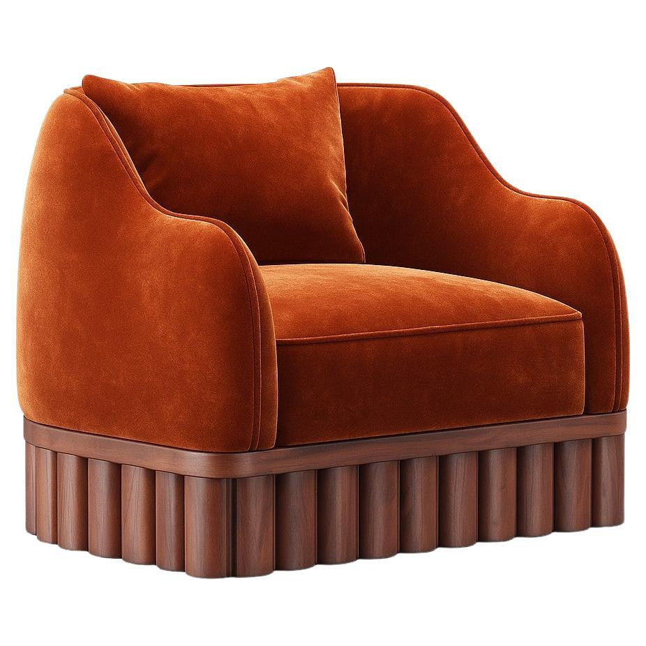 Ripple Armchair – Curved Silhouette with Sculptural Carved Wood Base | 1stDibs