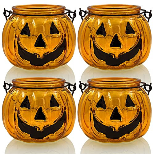 Halloween Candle Holders Set of 4, SHMILMH Tealight Votive Candle Holders with Grimace, Metal Hanging Pumpkin Lantern Decorative Halloween Table Centerpiece Orange | Amazon (US)