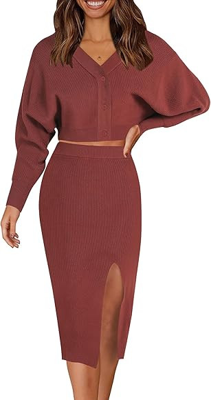 Caracilia Women Two Piece Outfits Sweater Sets Long Sleeve Knit Top and Bodycon Side Slit Midi Sk... | Amazon (US)