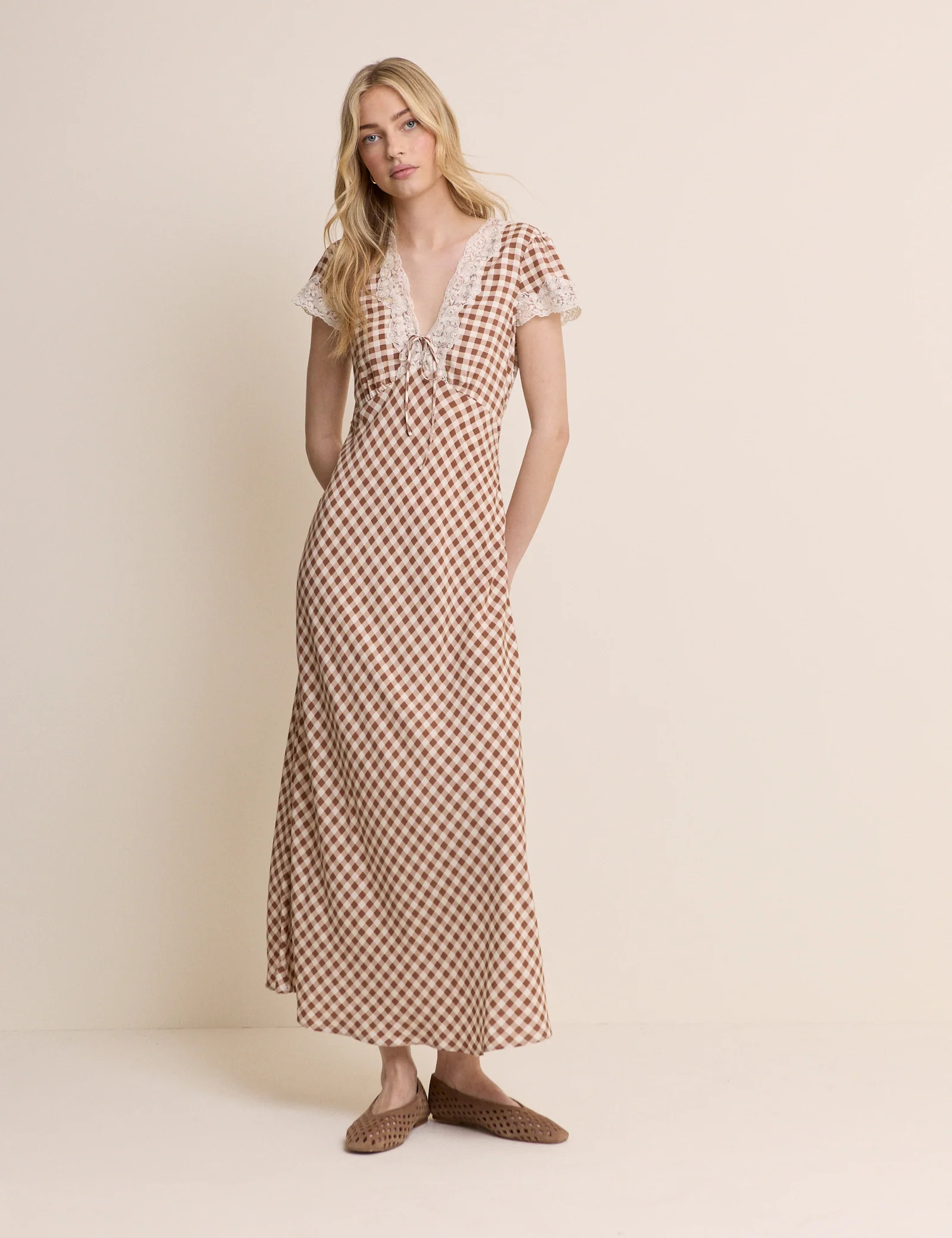 Brown Gingham Lace Trim Aida Midi Dress | Nobody's Child