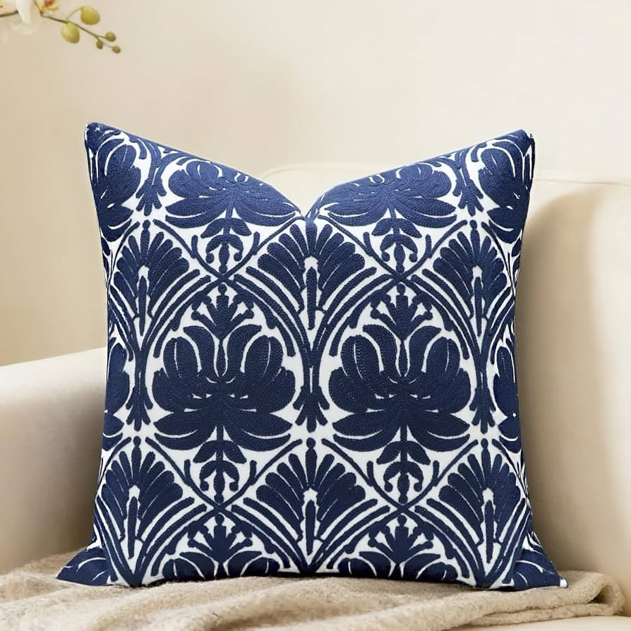 Slow Cow Embroidered Blue Throw Pillow Cover Geometric Decorative Cushion Covers for Sofa 18 x18 ... | Amazon (US)