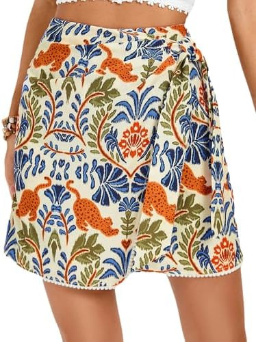 Kate Kasin Women's Boho Mini Skirts Floral Wrap Tie Skirt Elastic High Waisted Summer Casual Beac... | Amazon (US)