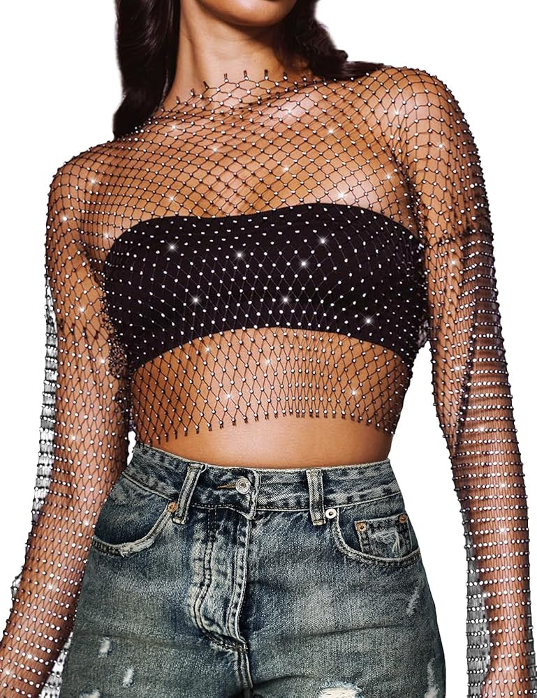 CYCLAMEN Women's Rhinestone Body Chains Long Sleeve Crop Tops Crystal See Through Mesh Diamond Fi... | Amazon (US)