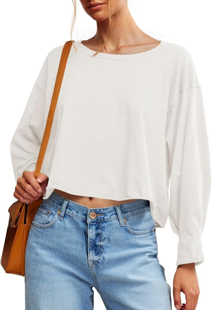 Fisoew Womens Long Sleeve Crop Tops Loose Fit Crew Neck Cropped T Shirts 2025 Casual Workout Tee ... | Amazon (US)