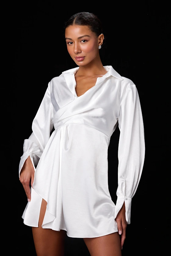 Rumaria White Satin Faux-Wrap Mini Dress | white satin dress | white spring dress | Lulus