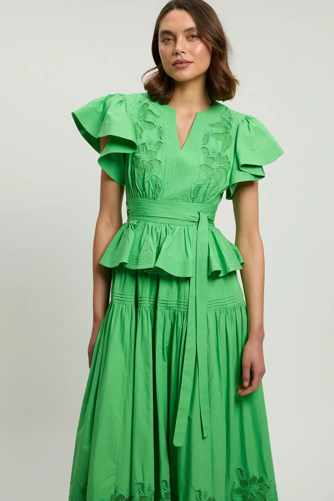 Green Cotton Cutwork Belted Midi Dress | Karen Millen | Karen Millen