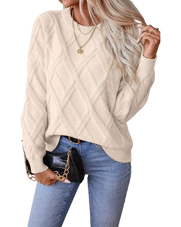 SHEWIN Womens Sweaters Crewneck Cable Knit Sweater Long Sleeve Fall Tops for Women 2025 | Amazon (US)