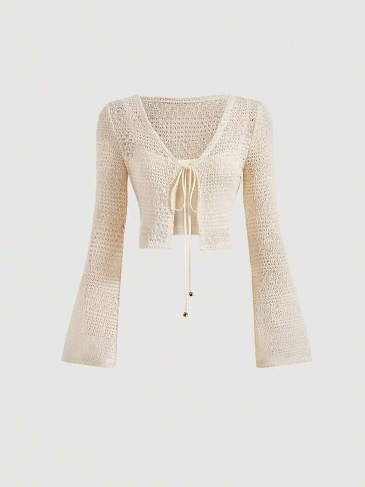 SHEIN MOD Tie Front Crochet Material Trumpet Sleeve Spring Crop Top Without Cami Top | SHEIN