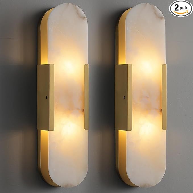 Wall Sconces Set of 2, Alabaster Wall Light, 19.7'' Indoor Vanity Light Fixtures for Bathroom,Bra... | Amazon (US)