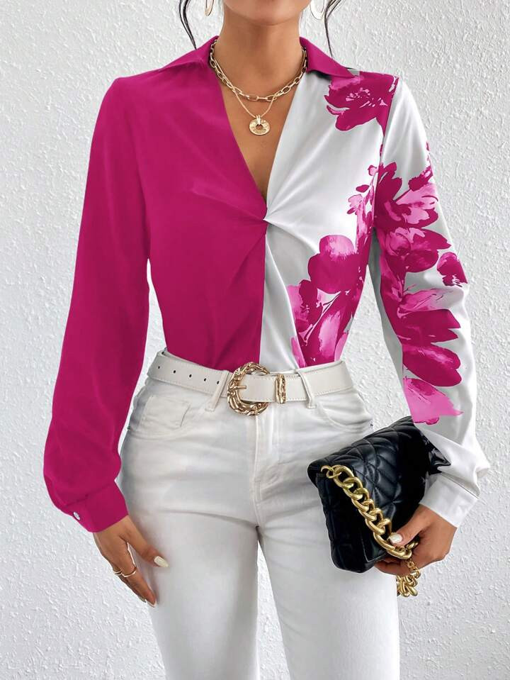 Floral Print Twist Front Two Tone Shirt | SHEIN