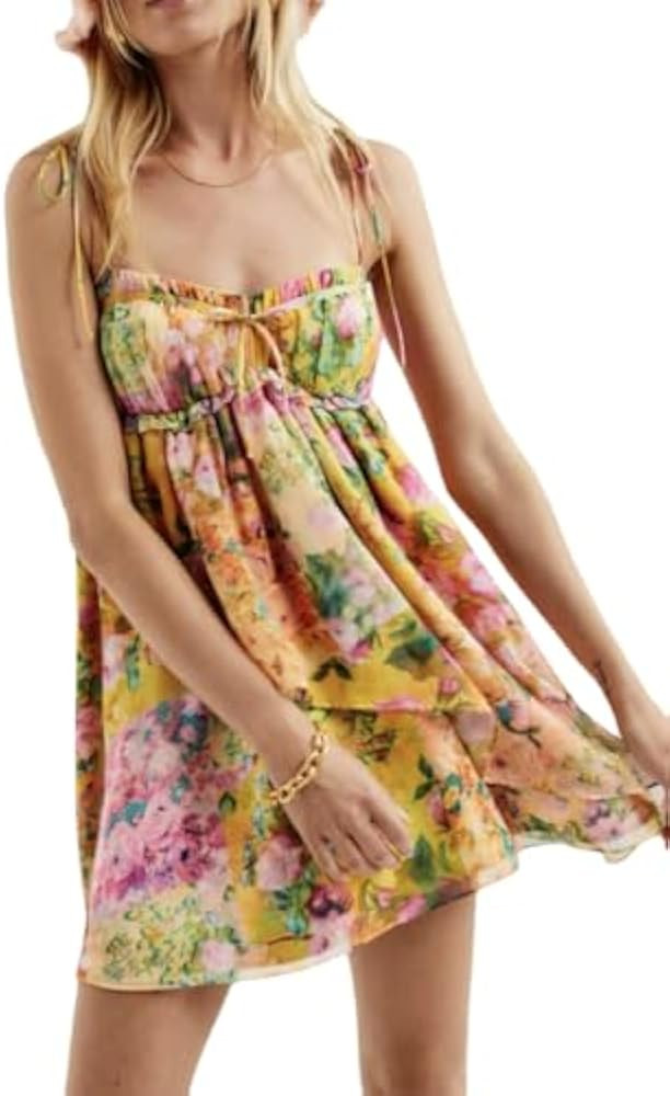 Women Floral Mini Dress Y2K Coquette Summer Smocked Chest Ruffle Spaghetti Strap Babydoll Short D... | Amazon (US)
