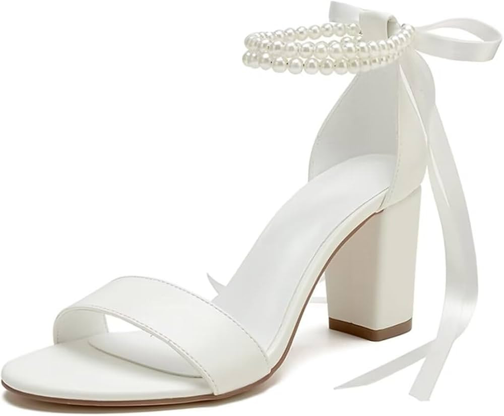 YWXYMGE Block Heel Wedding Shoes for Bride Women Chunky Heeled Sandals Pearl Bridal Shoes | Amazon (US)