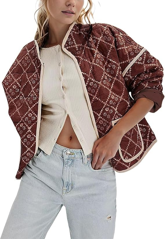 Omoone Women's Cropped Quilted Jacket Floral Printed LightWeight Padded Puffer Cardigan Coat Outw... | Amazon (US)