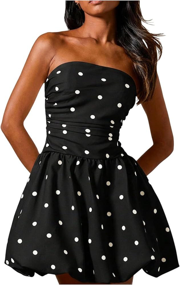Floerns Women's Polka Dots Strapless Tube Dress Going Out Ruched Smocked Mini Dresses | Amazon (US)