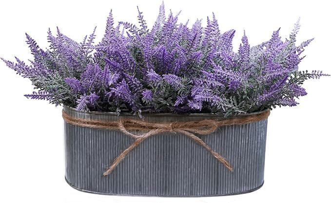 Winlyn 10 Inch Artificial Lavender Flower Arrangement in Rustic Oval Galvanized Metal Planter Box... | Amazon (US)