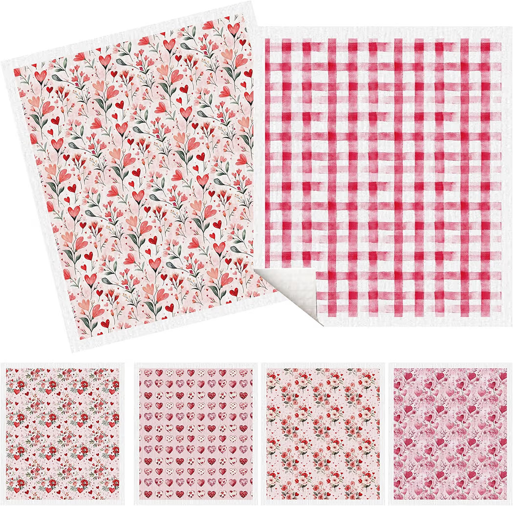 Valentine's Day Swedish Dishcloths for Kitchen, 6 Pack Pink Floral Heart Swedish Dish Cloths Reus... | Amazon (US)