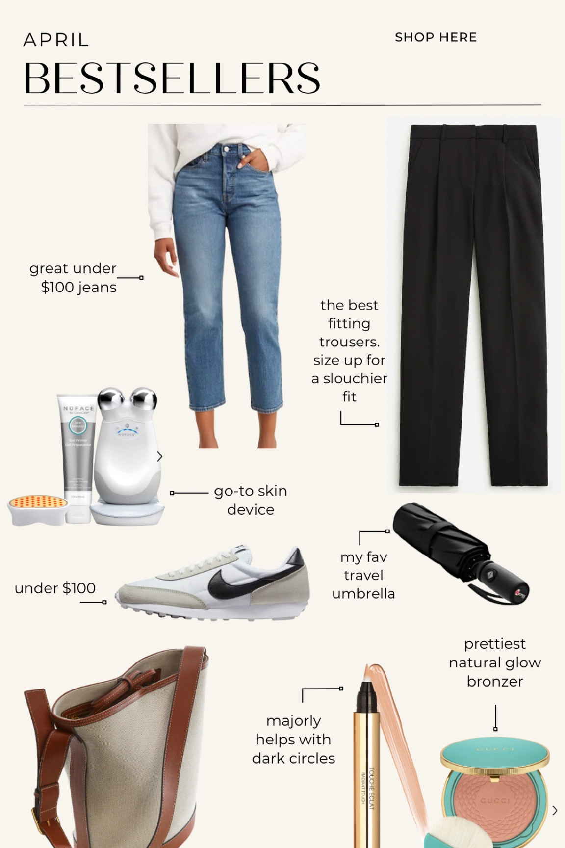 This month’s bestsellers!
Levi’s 501 crop jeans
J.crew trousers 
Nike sneakers
NuFace skin device
Umbrella for travel
Bucket bag from mango
Luxury beauty 