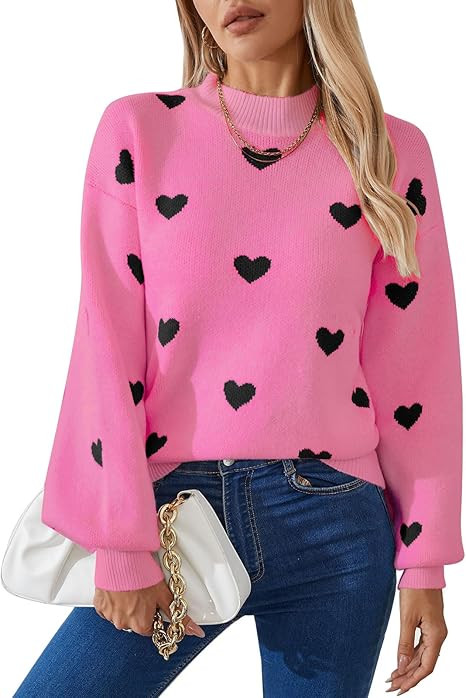 Alsol Lamesa Women's 2026 Fall Winter Mock Neck Long Sleeve Cute Heart Pattern Loose Knit Pullove... | Amazon (US)