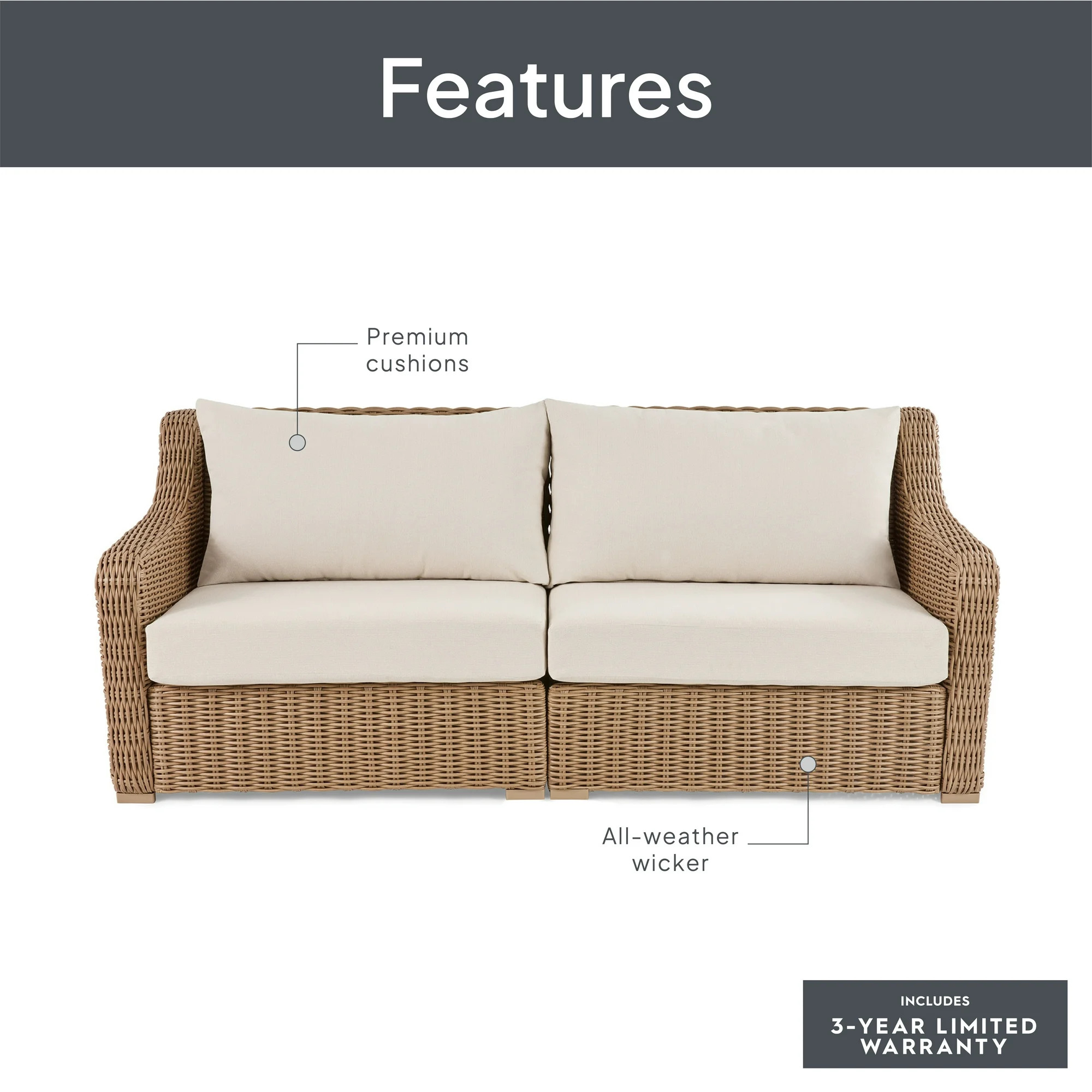Better Homes & Gardens Bellamy Outdoor 1pc Sofa, Tan Wicker/Cream Cushion | Walmart (US)