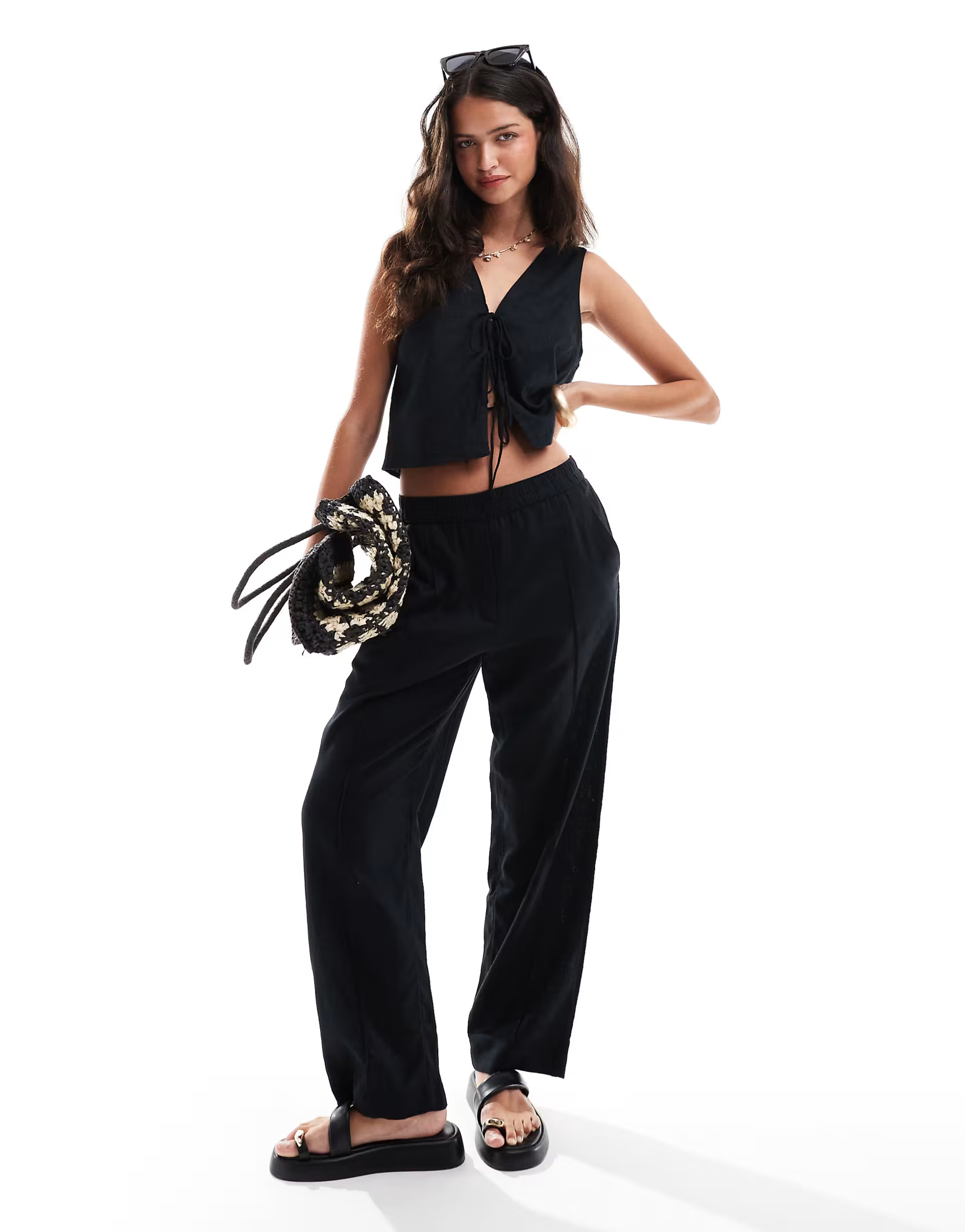 Abercrombie & Fitch co-ord linen blend wide leg trouser in black | ASOS (Global)