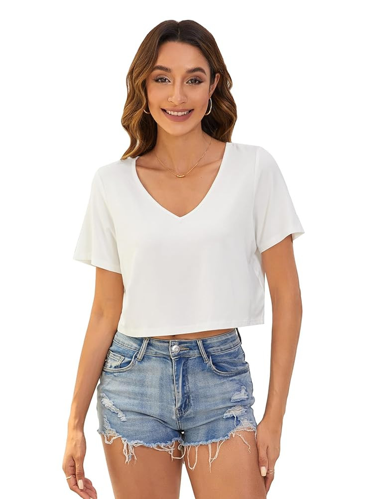 Verdusa Women's Solid V Neck Crop T Shirt Top Causal Short Sleeve Tee Top | Amazon (US)