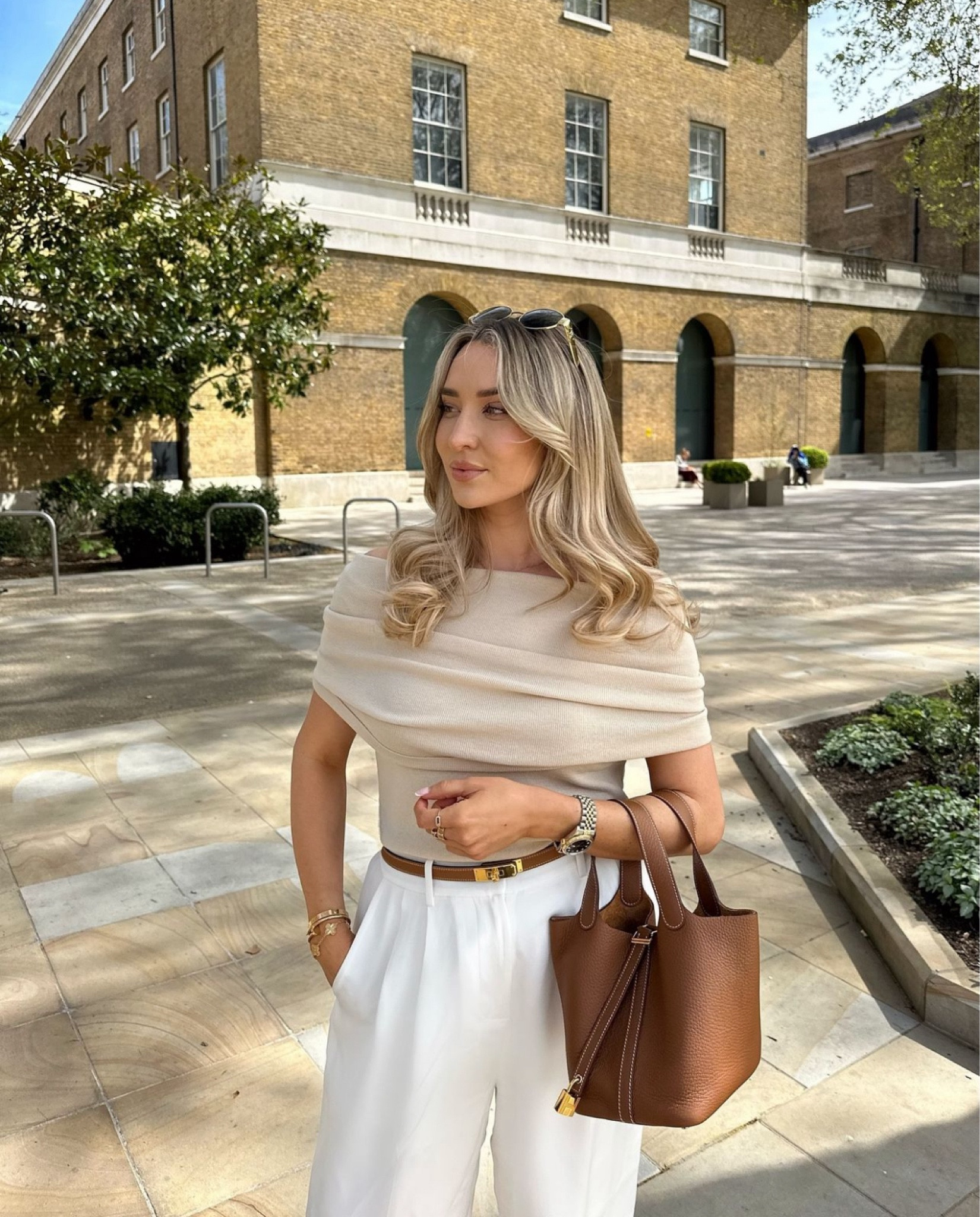 City Look 2 - In love with this neutral, beige look with this off the shoulder Bardot folded top and tailored white trousers. Tan accessories from Hermes and Celine 

#LTKsummer #LTKuk #LTKautumn