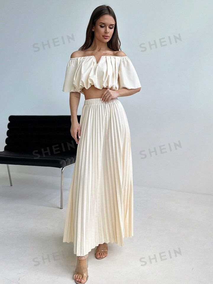 SHEIN Aloruh Elegant Off Shoulder V-Neck Pleated Dress Set For Spring And Summer, Perfect For Wor... | SHEIN