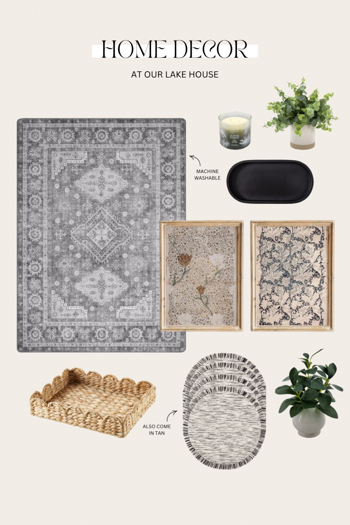 Affordable home decor for our family lake house


Walmart, Amazon, baskets, coffee table decor, placemats, vintage art, washable rug, faux plants 