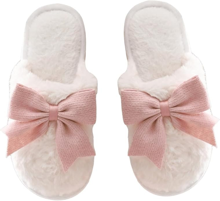 OYOANGLE Women's Bow Decor Round Toe Fuzzy Slippers Plush Home Slippers Indoor Bedroom Warm Slipp... | Amazon (US)