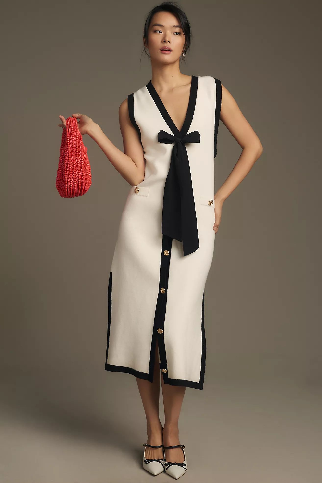 English Factory Sleeveless V-Neck Bow Midi Dress | Anthropologie (US)