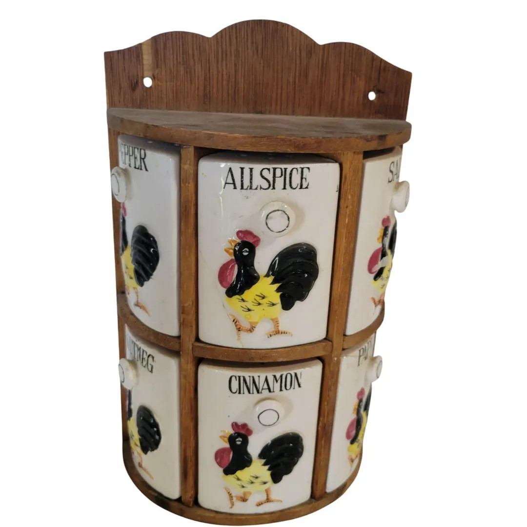 Vtg 1950s Japan Rounded Wood Spice Rack Ceramic Rooster Drawers For Spices 9x6" | Etsy (US)