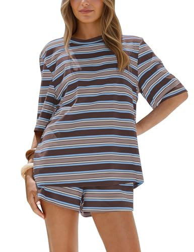 Eutten Women’s Striped 2 Piece Lounge Set Oversized Tee & Wide Leg Shorts Matching Outfits for Summer Beach Vacation Pajamas | Amazon (US)