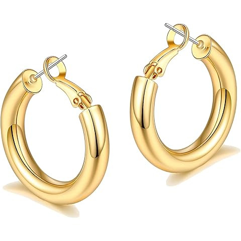 PAVOI 14K Gold Plated Lightweight Chunky Open Hoops for Women | Trendy Gold Hoop Earrings | Amazon (US)
