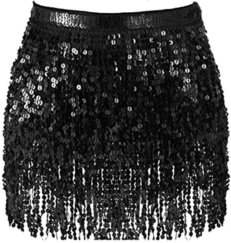 Women's Sequin Belly Dance Skirt, Sparkly Fringe Tassel Scarf Wrap for Dance Performance Costume ... | Amazon (US)