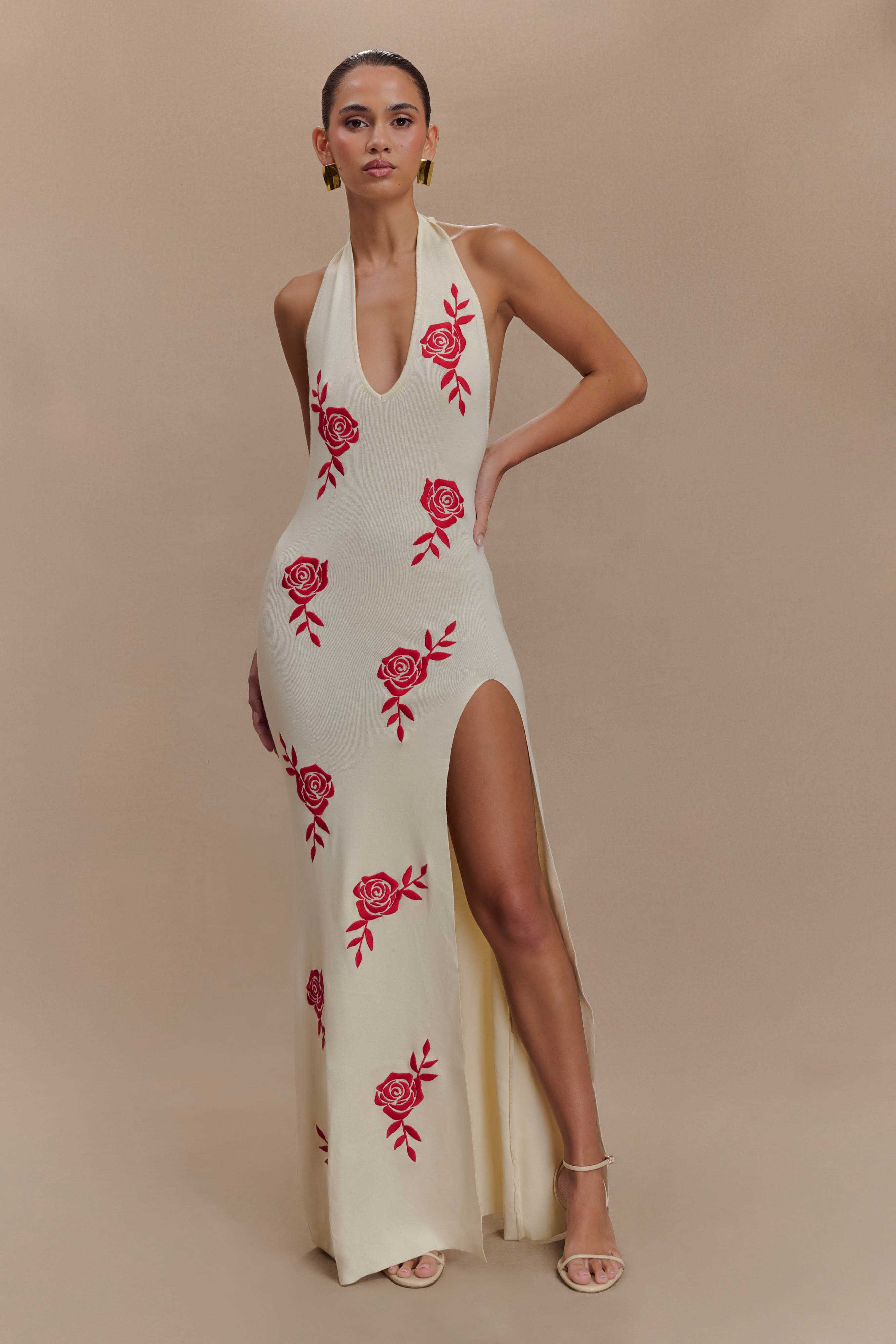 Shiloh Rose Knit Halter Maxi Dress - Ivory | MESHKI US