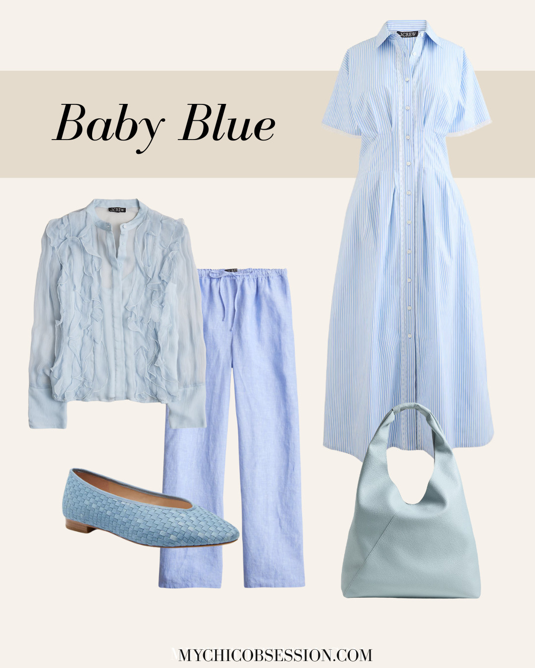 Brighten up your spring fashion with a shade of baby blue. From a striped J.Crew dress to linen pants to a detailed blouse, use this spring shade to inspire your seasonal looks. 

 #LTKSeasonal #LTKStyleTip #LTKShoeCrush
