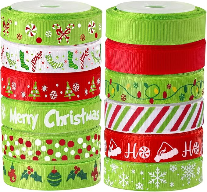 12 Rolls 60 Yards Christmas Ribbon for Gift Wrapping, 3/8 Inch Christmas Ribbon for Crafts, Holid... | Amazon (US)