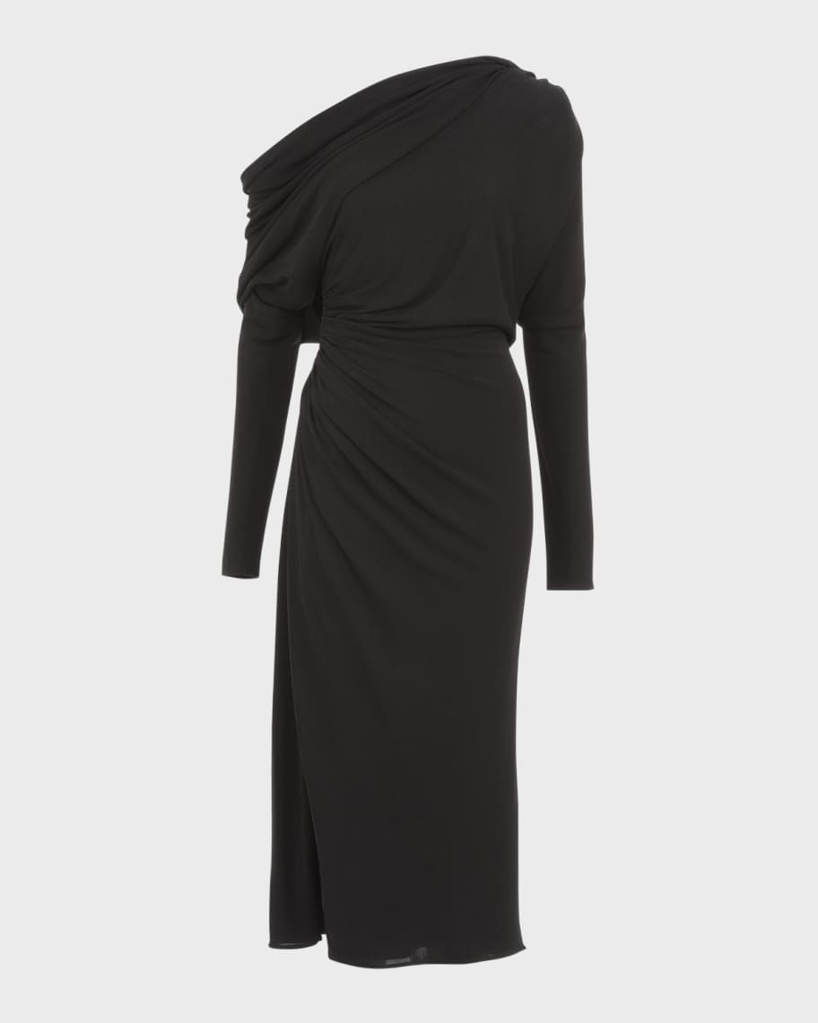 Elie Saab One-Shoulder Long-Sleeve Draped Jersey Midi Dress | Neiman Marcus