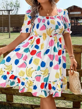 SHEIN VCAY Plus Fruit Print Square Neck Ruffle Hem Dress | SHEIN