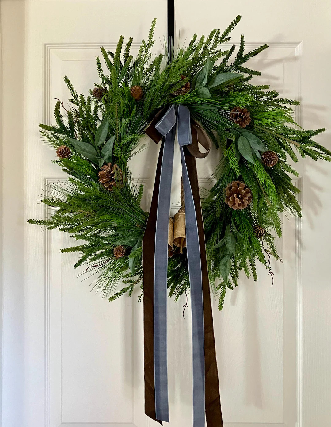 Mixed Pine Christmas Wreath: Dark Brown, Dusty Blue Ribbons & Gold Bells - Etsy | Etsy (US)