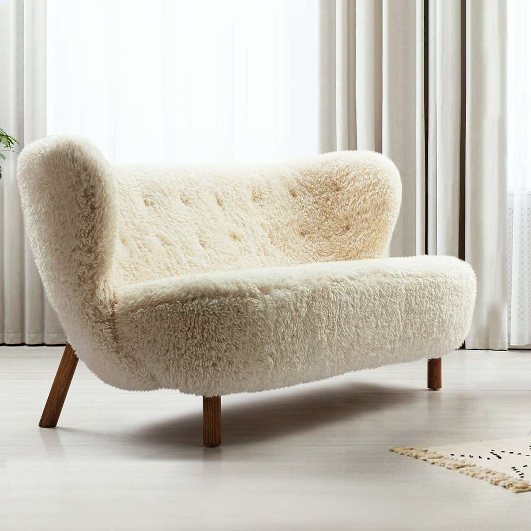 Little Sherpa Loveseat-Sheepskin-Short Hair / Solid Oak | Eternity Modern
