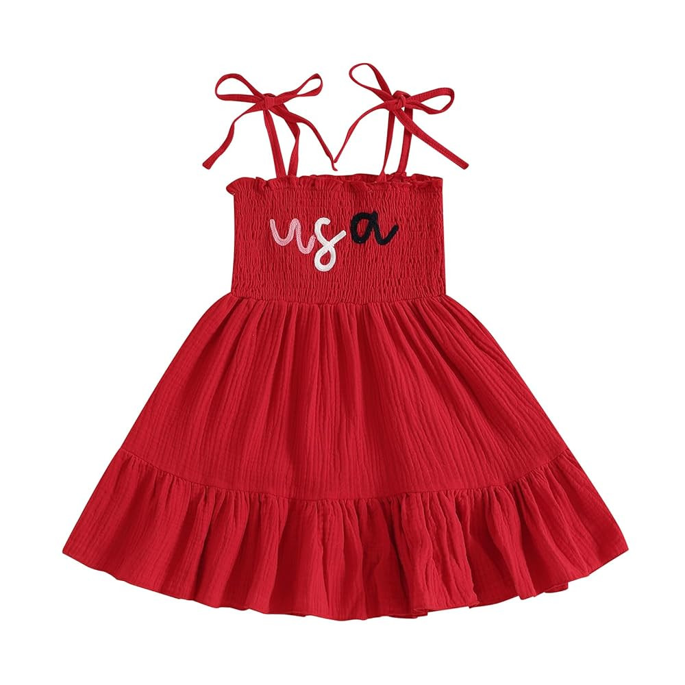 Toddler 4th of July Outfit Girl Sleeveless Lace Up Shoulder Letter Embroidery Ruched Dress Girls ... | Amazon (US)