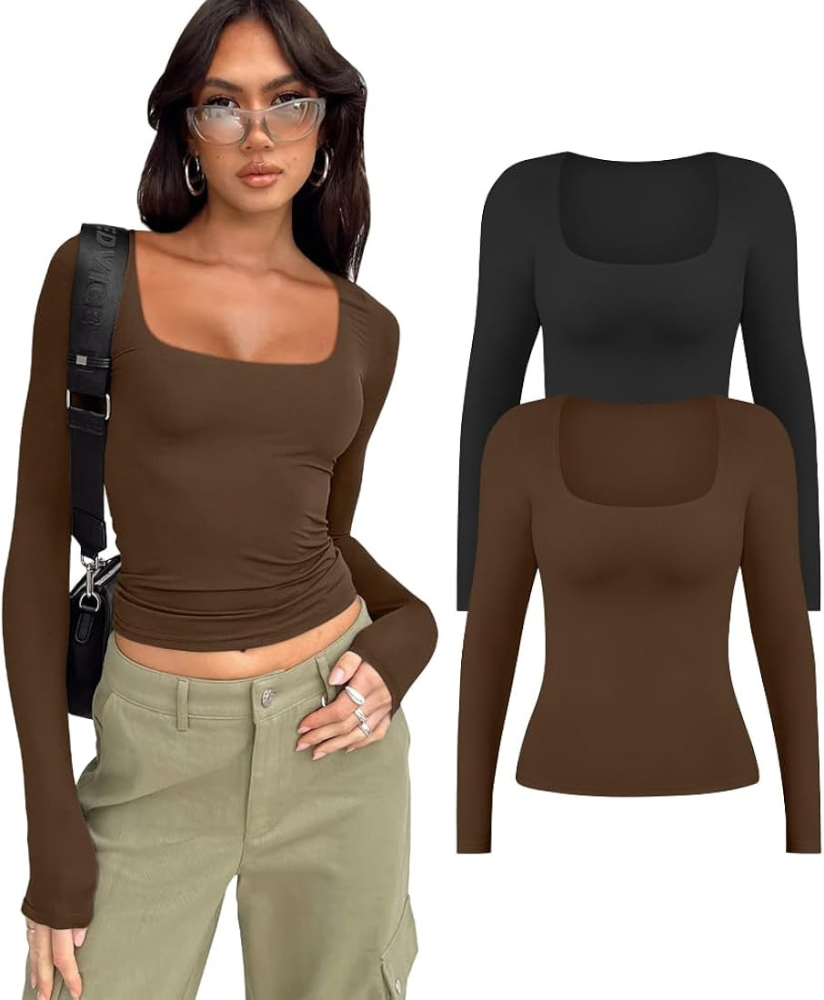 HYZ Women's Workout Square Neck Long Sleeve Y2k Slim Fit High Stretchy Basic Tunic Tops | Amazon (US)