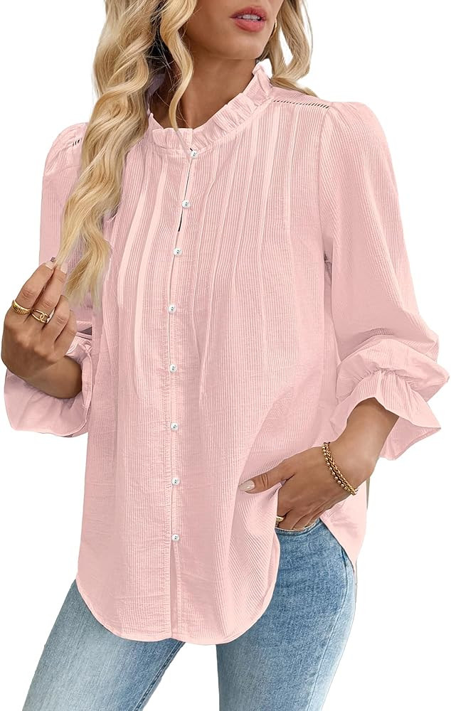 Bsubseach Women Puff Long Sleeve Shirt Textured Button Down Cotton Work Blouse Eyelet Ruffle Coll... | Amazon (US)