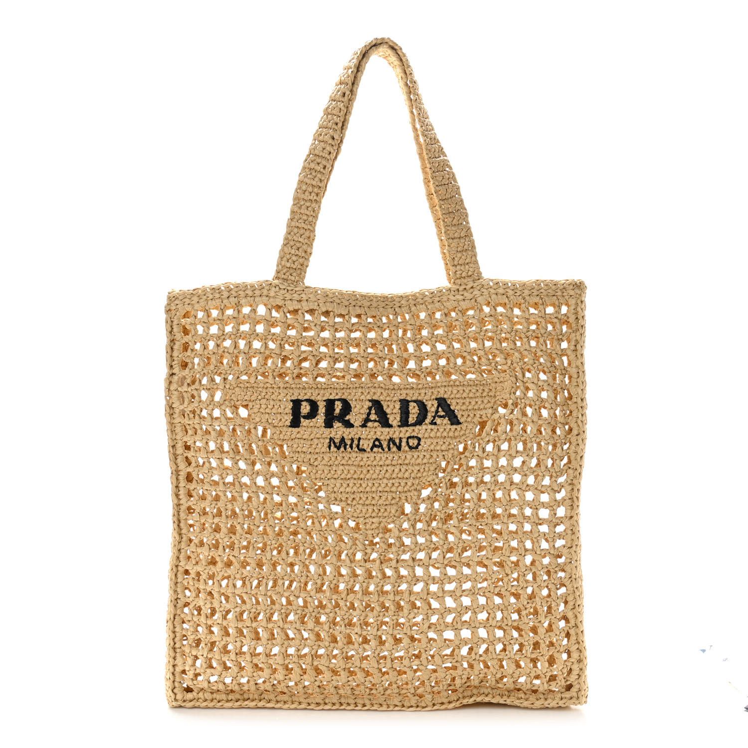 PRADA Raffia Embroidered Logo Tote Bag Naturale | FASHIONPHILE | FASHIONPHILE (US)