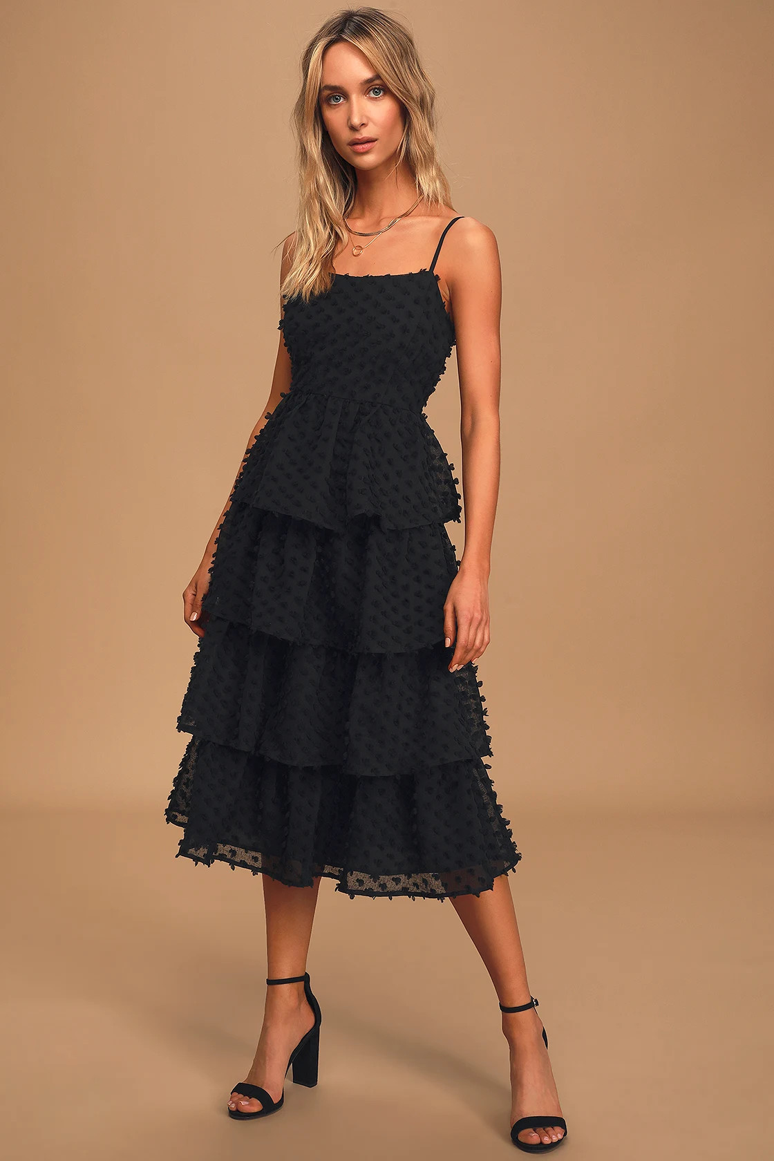 Flirting with You Black Tiered Pom Pom Midi Dress | Lulus (US)
