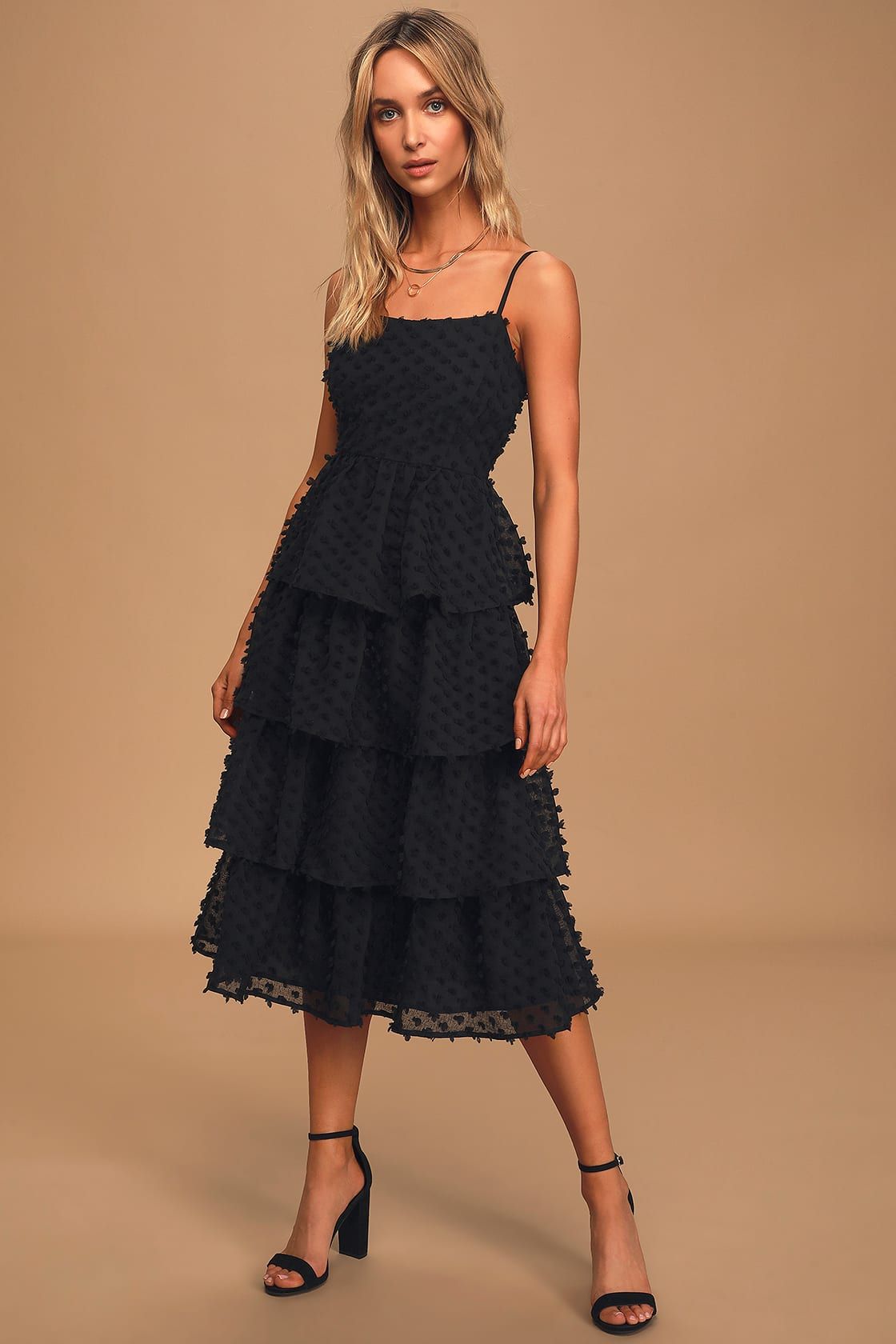 Flirting with You Black Tiered Pom Pom Midi Dress | Lulus (US)