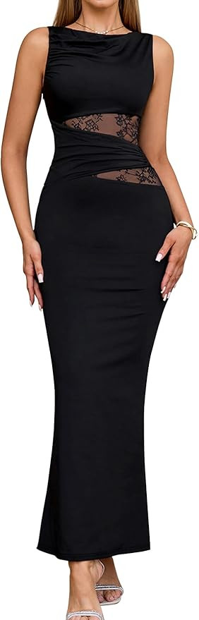 EYNMIN Lace Long Formal Wedding Guest Dress Cut Out Boat Neck Sleeveless Ruched Bodycon Maxi Dres... | Amazon (US)