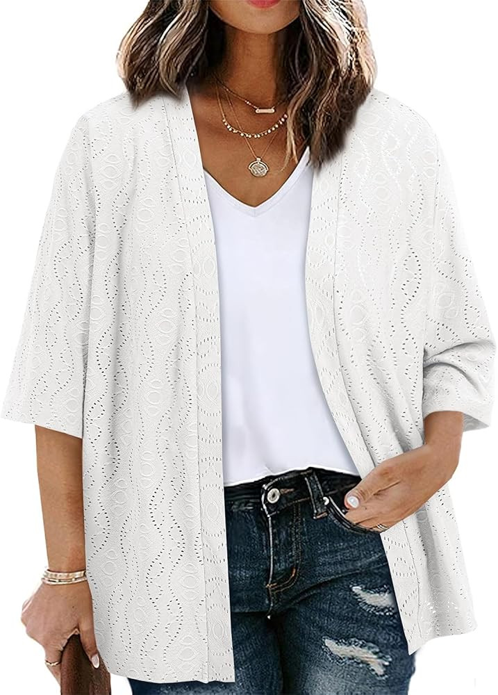 Eytino Plus Size Cardigan for Women Half Sleeve Knitted Jacquard Summer Kimono Cover up Tops(1X-5... | Amazon (US)