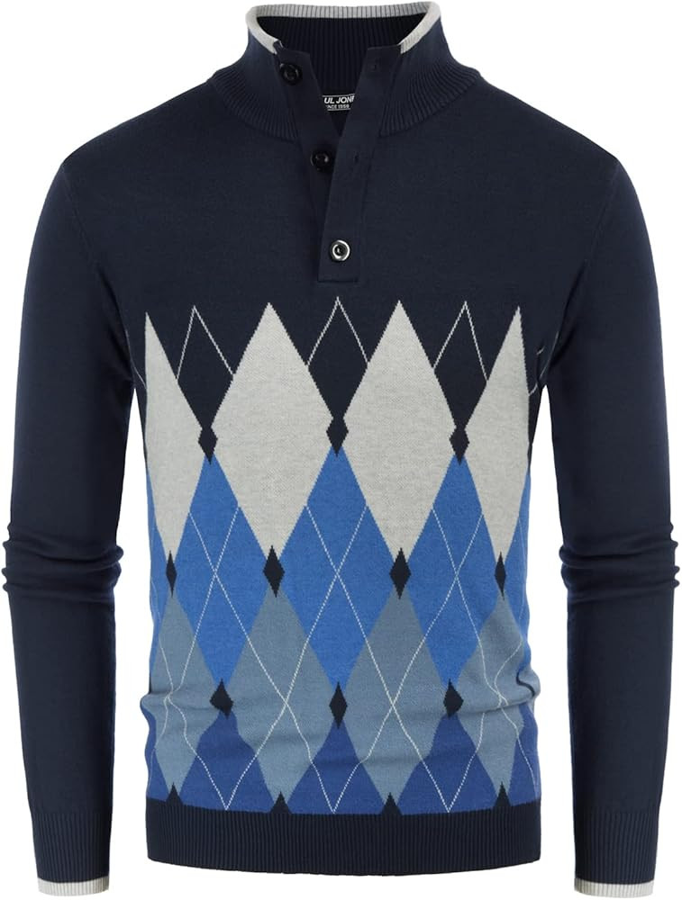 PJ PAUL JONES Men's Long Sleeve Mock Neck Sweater Quarter Button Argyle Knitted Pullover | Amazon (US)